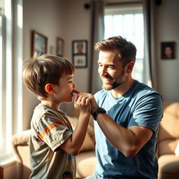 A heartwarming scene depicting a young boy kissing his father's hand affectionately, showcasing the bond between them