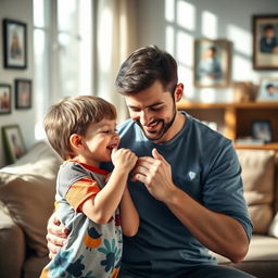 A heartwarming scene depicting a young boy kissing his father's hand affectionately, showcasing the bond between them