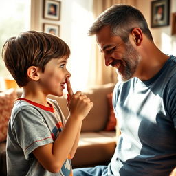A heartwarming scene depicting a young boy kissing his father's hand affectionately, showcasing the bond between them