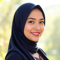 A beautiful woman wearing a navy hijab, her elegant features framed by the fabric