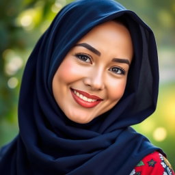 A beautiful woman wearing a navy hijab, her elegant features framed by the fabric