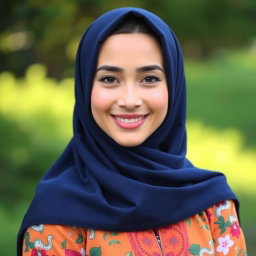 A beautiful woman wearing a navy hijab, her elegant features framed by the fabric