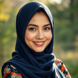 A beautiful woman wearing a navy hijab, her elegant features framed by the fabric