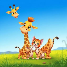 A cartoon scene featuring a tall and playful giraffe with a friendly expression, standing next to a cute cat with big, bright eyes