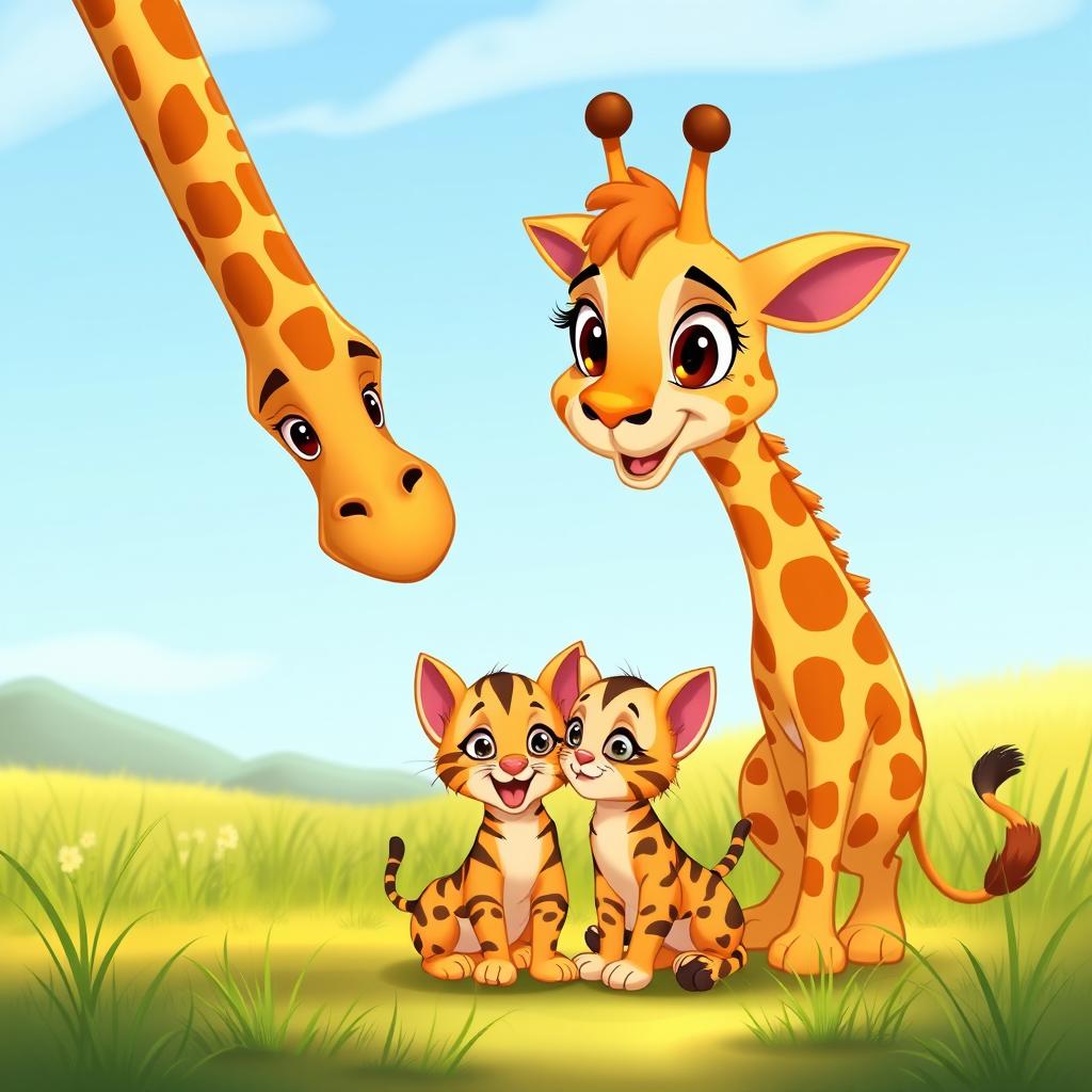 A cartoon scene featuring a tall and playful giraffe with a friendly expression, standing next to a cute cat with big, bright eyes