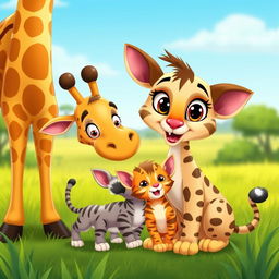 A cartoon scene featuring a tall and playful giraffe with a friendly expression, standing next to a cute cat with big, bright eyes