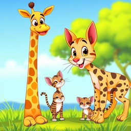 A cartoon scene featuring a tall and playful giraffe with a friendly expression, standing next to a cute cat with big, bright eyes