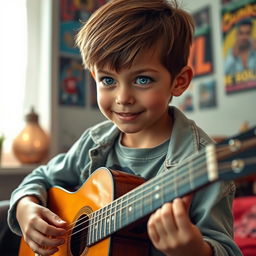 A young boy with an expressive face, playing an acoustic guitar passionately
