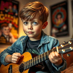 A young boy with an expressive face, playing an acoustic guitar passionately