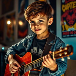 A young boy with an expressive face, playing an acoustic guitar passionately