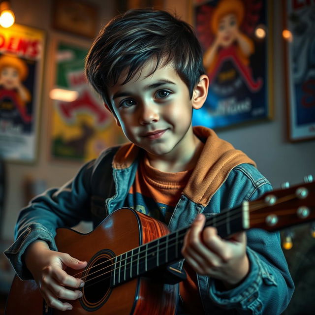 A young boy with an expressive face, playing an acoustic guitar passionately