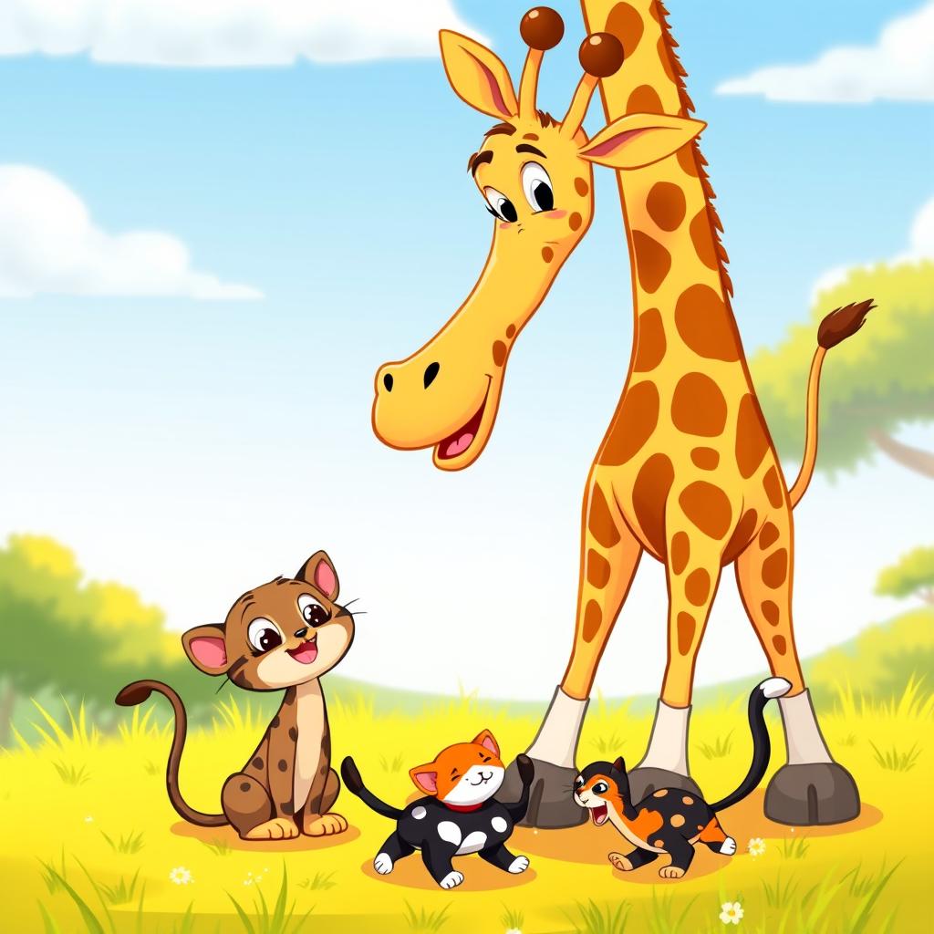 A whimsical cartoon scene featuring a tall, playful giraffe and a cute cat, accompanied by two adorable kittens