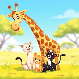 A whimsical cartoon scene featuring a tall, playful giraffe and a cute cat, accompanied by two adorable kittens