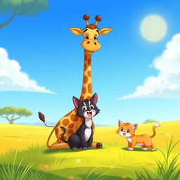 A whimsical cartoon scene featuring a tall, playful giraffe and a cute cat, accompanied by two adorable kittens