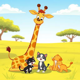 A whimsical cartoon scene featuring a tall, playful giraffe and a cute cat, accompanied by two adorable kittens