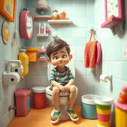 A surreal and humorous scenario featuring a boy sitting on a toilet in a cartoonish restroom environment