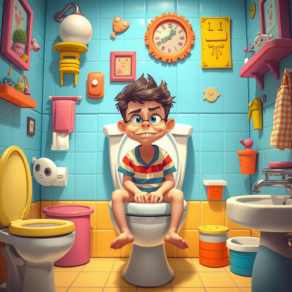 A surreal and humorous scenario featuring a boy sitting on a toilet in a cartoonish restroom environment
