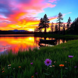 A serene landscape depicting a sunset over a tranquil lake