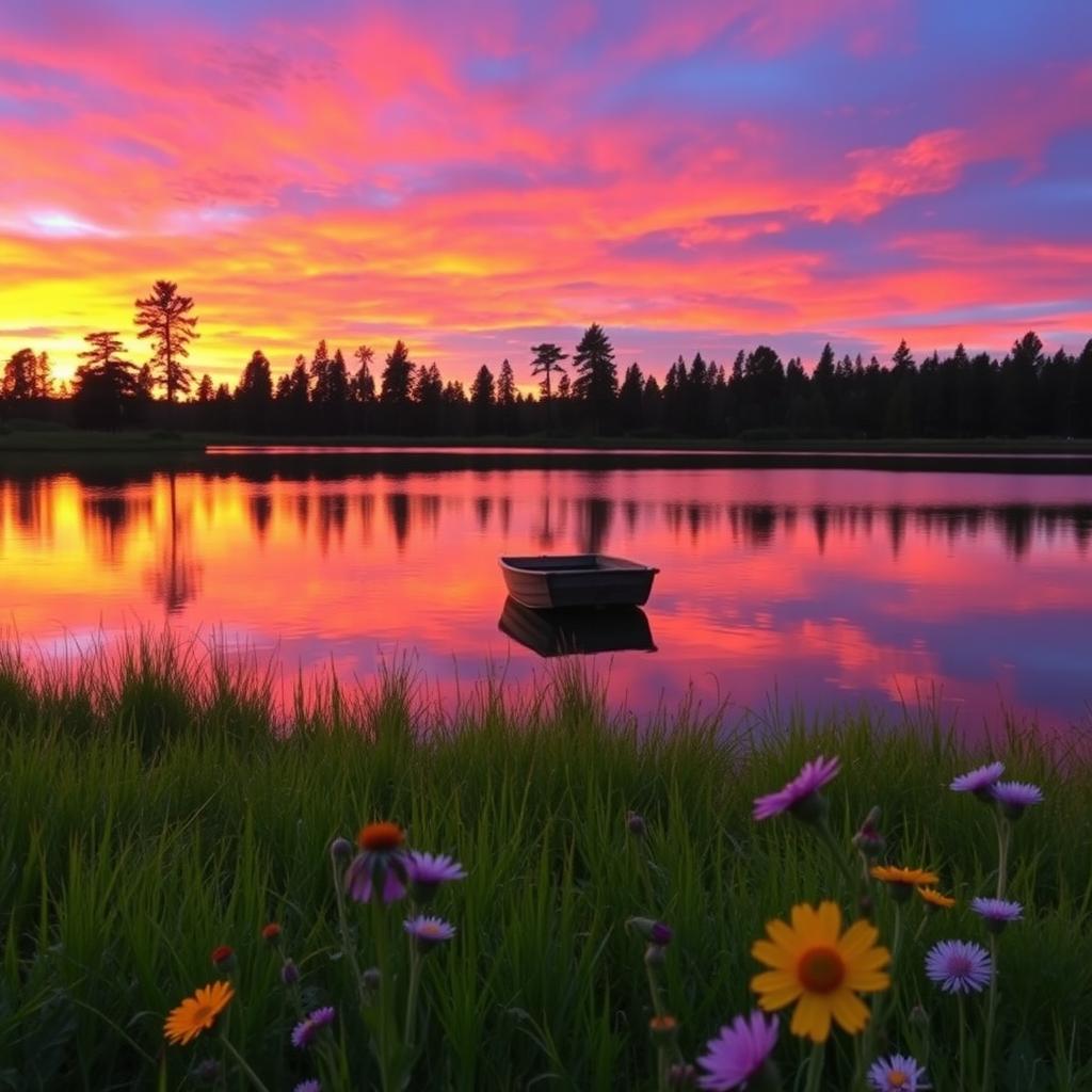 A serene landscape depicting a sunset over a tranquil lake