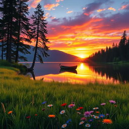 A serene landscape depicting a sunset over a tranquil lake