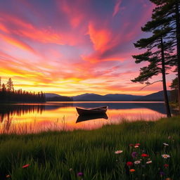 A serene landscape depicting a sunset over a tranquil lake