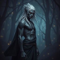 A Shadar-kai warlock, an enigmatic figure with dark skin and striking silver hair, stands poised in a mystical environment