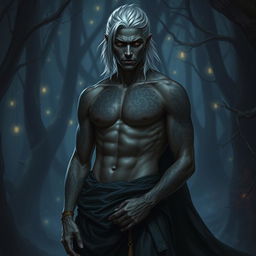 A Shadar-kai warlock, an enigmatic figure with dark skin and striking silver hair, stands poised in a mystical environment