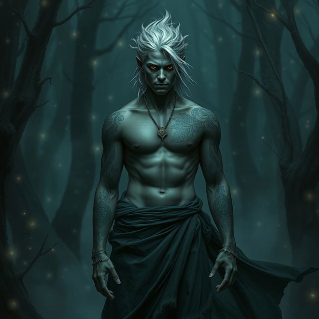 A Shadar-kai warlock, an enigmatic figure with dark skin and striking silver hair, stands poised in a mystical environment