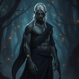 A Shadar-kai warlock, an enigmatic figure with dark skin and striking silver hair, stands poised in a mystical environment