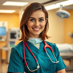 A captivating scene featuring a confident female nurse in a modern hospital setting