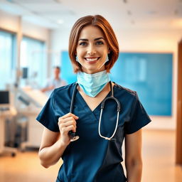A captivating scene featuring a confident female nurse in a modern hospital setting