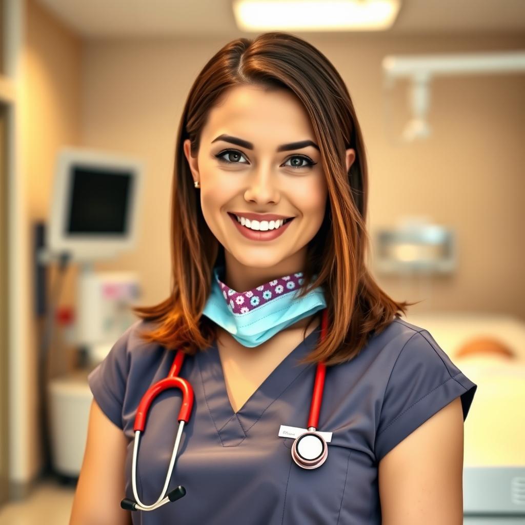 A captivating scene featuring a confident female nurse in a modern hospital setting