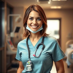 A captivating scene featuring a confident female nurse in a modern hospital setting