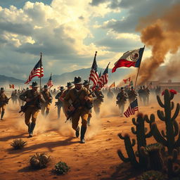 A dramatic historical scene depicting the Mexican-American War, featuring American soldiers in traditional 19th-century military uniform charging forward with flags waving, engaged in a battle against Mexican soldiers in vibrant, colorful 19th-century attire