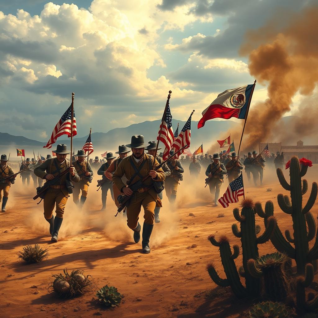A dramatic historical scene depicting the Mexican-American War, featuring American soldiers in traditional 19th-century military uniform charging forward with flags waving, engaged in a battle against Mexican soldiers in vibrant, colorful 19th-century attire