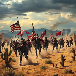 A dramatic historical scene depicting the Mexican-American War, featuring American soldiers in traditional 19th-century military uniform charging forward with flags waving, engaged in a battle against Mexican soldiers in vibrant, colorful 19th-century attire