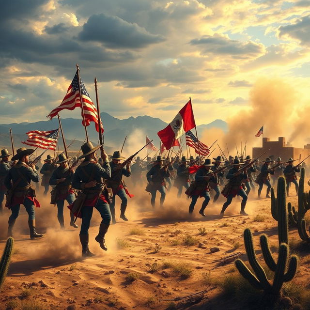 A dramatic historical scene depicting the Mexican-American War, featuring American soldiers in traditional 19th-century military uniform charging forward with flags waving, engaged in a battle against Mexican soldiers in vibrant, colorful 19th-century attire