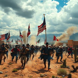 A dramatic historical scene depicting the Mexican-American War, featuring American soldiers in traditional 19th-century military uniform charging forward with flags waving, engaged in a battle against Mexican soldiers in vibrant, colorful 19th-century attire