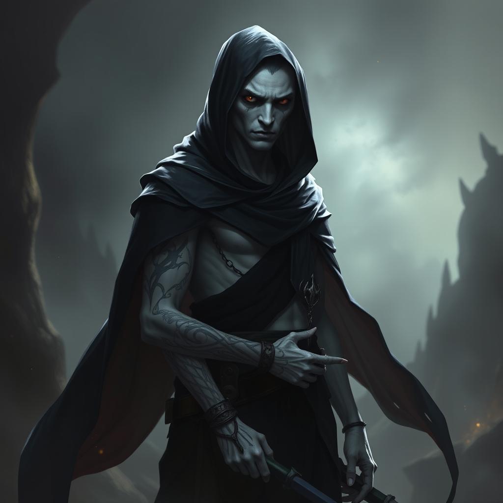 A Shadar-kai warlock, an enigmatic figure with pale skin and deep dark eyes, stands in a shadowy realm