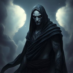 A Shadar-kai warlock, an enigmatic figure with pale skin and deep dark eyes, stands in a shadowy realm