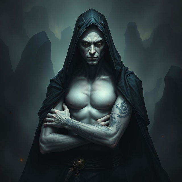 A Shadar-kai warlock, an enigmatic figure with pale skin and deep dark eyes, stands in a shadowy realm