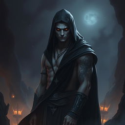 A Shadar-kai warlock, an enigmatic figure with pale skin and deep dark eyes, stands in a shadowy realm