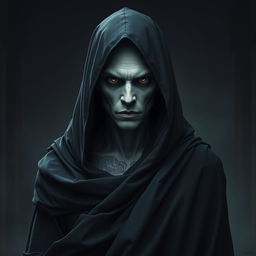 A Shadar-kai figure with pale skin stands shrouded in a flowing dark cloak, only his face visible