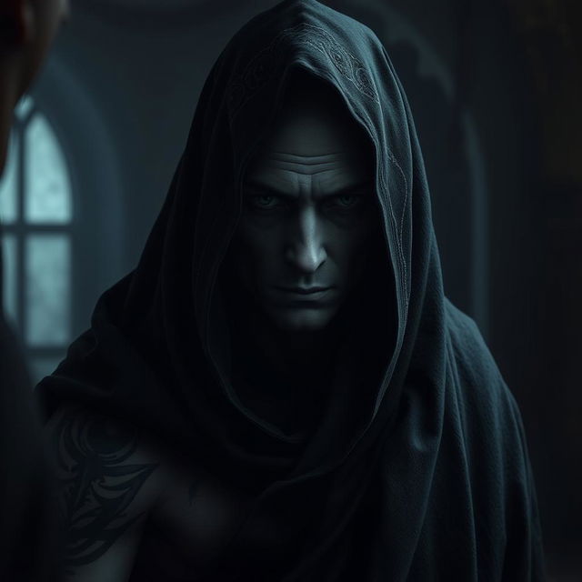 A Shadar-kai figure with pale skin stands shrouded in a flowing dark cloak, only his face visible