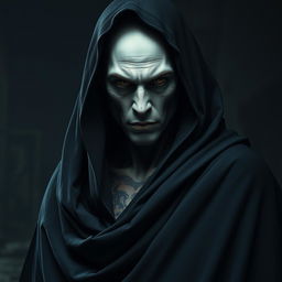 A Shadar-kai figure with pale skin stands shrouded in a flowing dark cloak, only his face visible