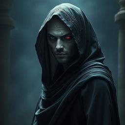 A Shadar-kai figure with pale skin stands shrouded in a flowing dark cloak, only his face visible