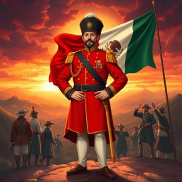 A historically inspired illustration of Agustin de Iturbide, dressed in a vibrant military uniform of the early 19th century, confidently standing in front of the Mexican flag, symbolizing the independence of Mexico