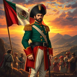 A historically inspired illustration of Agustin de Iturbide, dressed in a vibrant military uniform of the early 19th century, confidently standing in front of the Mexican flag, symbolizing the independence of Mexico