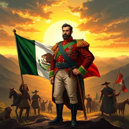 A historically inspired illustration of Agustin de Iturbide, dressed in a vibrant military uniform of the early 19th century, confidently standing in front of the Mexican flag, symbolizing the independence of Mexico