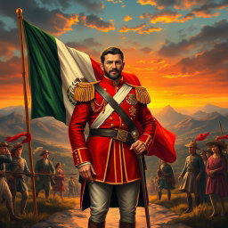 A historically inspired illustration of Agustin de Iturbide, dressed in a vibrant military uniform of the early 19th century, confidently standing in front of the Mexican flag, symbolizing the independence of Mexico